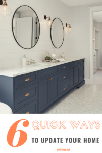 Double bathroom sink with 2 circular mirrors and white shiplap with words Selling Soon? 5 Quick Ways to Update Your Home